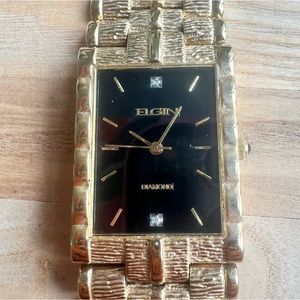 Elgin diamond rectangular black dial gold tone dress watch NEW BATTERY